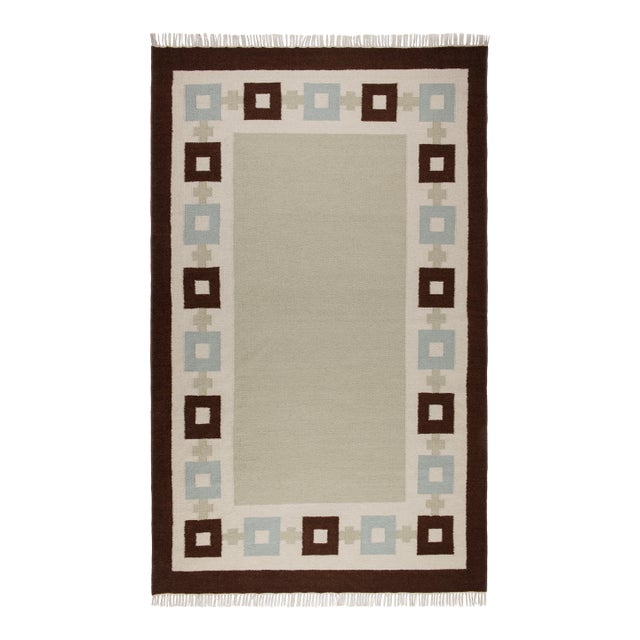 Part & Parcel Goods Wool Chain Rug 5' x 8', Celadon, Sky Blue, Chocolate and Eggshell For Sale