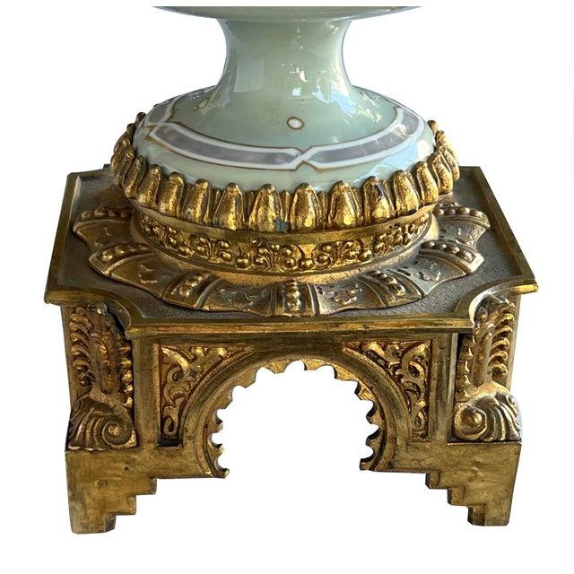 Celadon Pair Austrian Porcelain Celadon Glazed Urn-Form Lamps With Gilt Bronze Mounts For Sale - Image 8 of 9