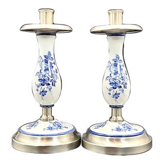 Vintage Holland Dutch Style Delft Blue Ceramic & Pewter Candlestick Holders- Set of 2 For Sale