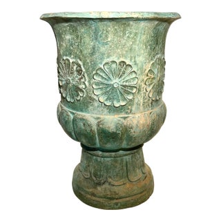 Large Vintage c.1996 Verdigris Patina Brass Flower Motif Urn For Sale