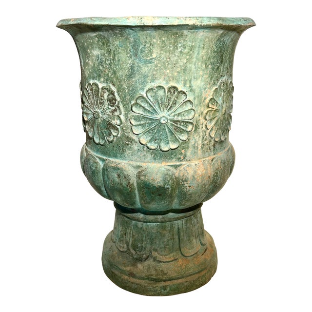 Large Vintage c.1996 Verdigris Patina Brass Flower Motif Urn For Sale
