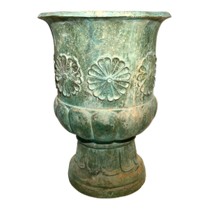 Large Vintage c.1996 Verdigris Patina Brass Flower Motif Urn
