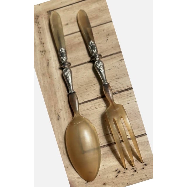 1910s French Art Deco Horn & Silver Salad Servers - Pair For Sale - Image 10 of 12