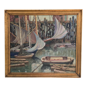 Antique Signed Painting Nautical Harbor Scene