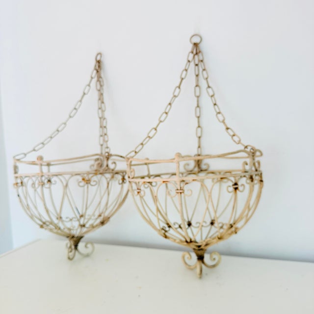 Antique White Vintage French Country Wrought Iron Hanging Planter Baskets, a Pair of Two For Sale - Image 8 of 12