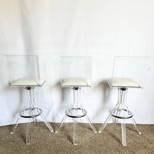 Vintage Postmodern Lucite and Chrome Stools - A Pair For Sale - Image 4 of 9