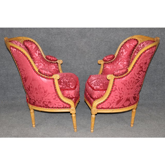1940s Fine Pair of French Louis XVI Bergere Chairs in Natural Walnut For Sale - Image 5 of 8