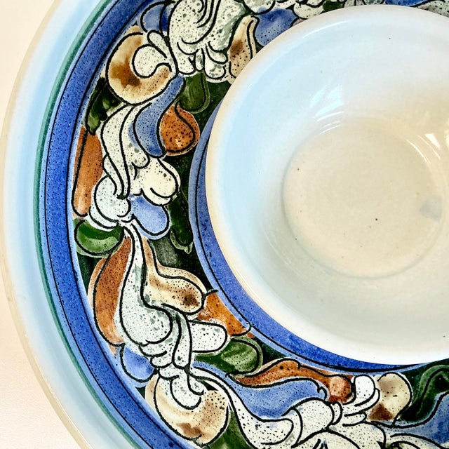 Cornflower Blue 1980s Vintage Folk Arts & Craft Pottery Studio Chip and Dip, Artist Signed. For Sale - Image 8 of 11