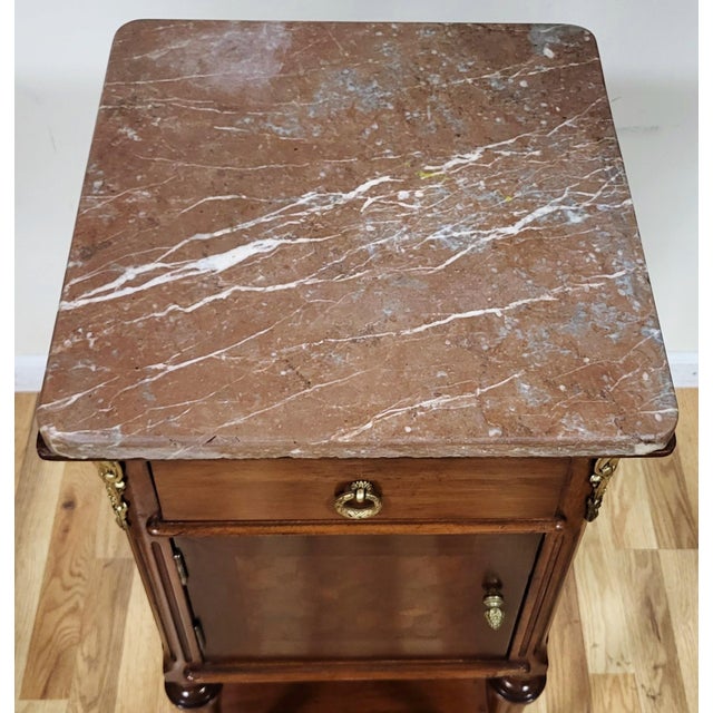 Wood Pair French Louis XVI Parquetry Inlaid Bronze & Marble Top Nightstands For Sale - Image 7 of 18