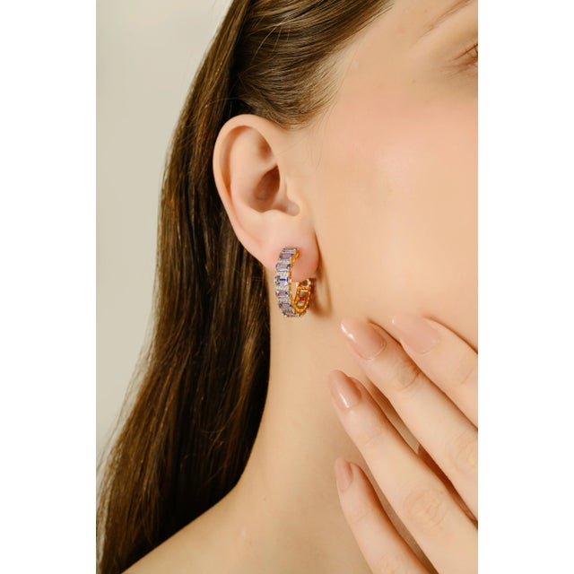 Metal Octagon Cut 6.61 Ct Tanzanite Cluster Diamond 14k Gold Hoop Earrings- A Pair For Sale - Image 7 of 9