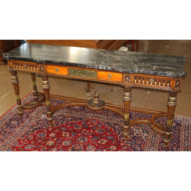1920s French Louis XVI Style Marble Top Inlaid Satinwood & Walnut Buffet Sideboard For Sale - Image 9 of 18
