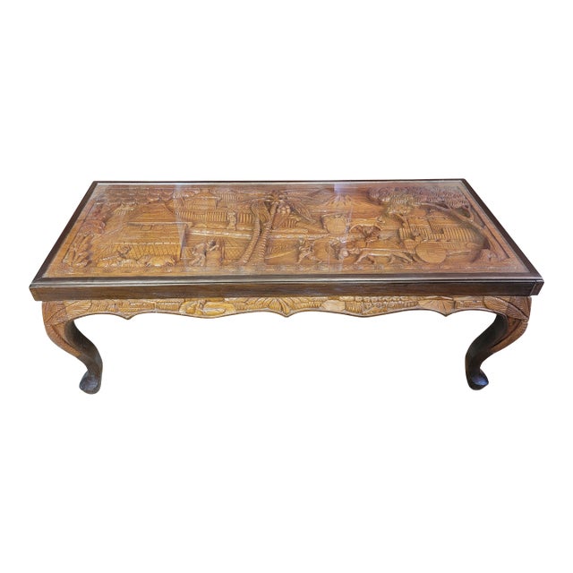 Vintage Hand-Carved Filipino Village Scene Coffee Table For Sale