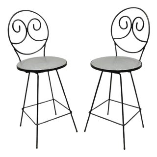 Mid 20th Century Modern Arthur Umanoff Style Wrought Iron Swivel Counter Bar Stool Pair For Sale