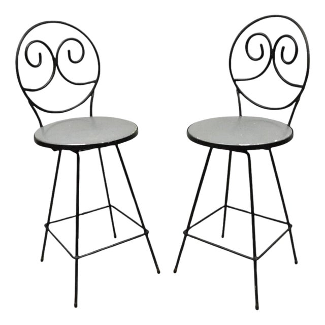 Mid 20th Century Modern Arthur Umanoff Style Wrought Iron Swivel Counter Bar Stool Pair For Sale