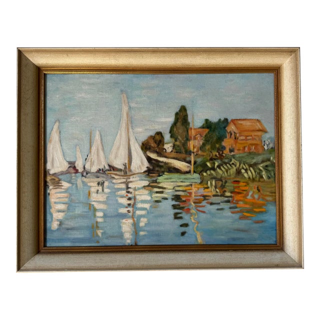 1960's Marie Hendrich Ozon " Yacht Races at Argenteuil " Oil on Canvas Painting After Monet Sold For Sale