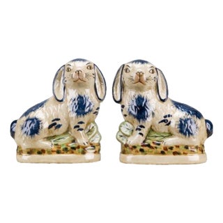 Blue and White Staffordshire Style Porcelain Rabbit Figurine Pair For Sale