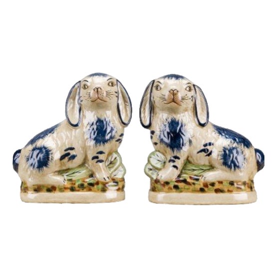 Blue and White Staffordshire Style Porcelain Rabbit Figurine Pair For Sale