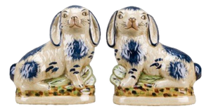 Blue and White Staffordshire Style Porcelain Rabbit Figurine Pair
