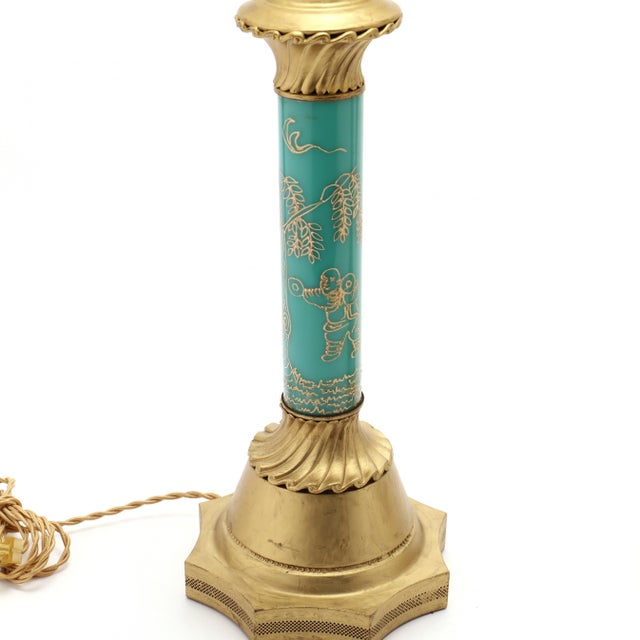 Mid 20th century, double socket form, turquoise opaline with gilt Chinoiserie painted decoration set in gilt metal mounts,...