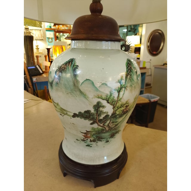 Mid 20th Century Large Asian Porcelain Landscape Table Lamp With Calligraphy – Wood Base & Cap For Sale - Image 4 of 5