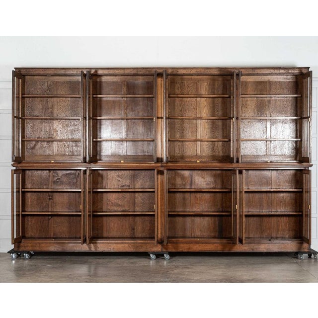 Circa 1890 monumental english 19thc oak glazed library bookcase together w428 x d37 x h263.5 cm base w428 x d37 x h125.5...