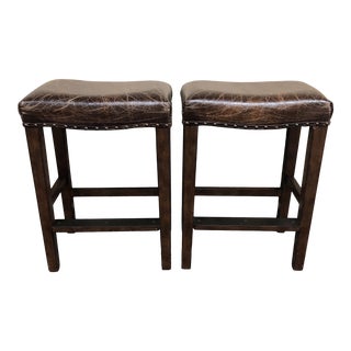 Pair of Manchester Leather Counter Stools by Pottery Barn For Sale