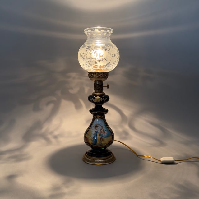 Antique French Porcelain Table Lamp in Brass and Satin Glass For Sale - Image 6 of 14