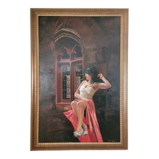 Original Signed Oil Portrait by Rebecca Hodges – Figurative Realism, Woman in Gothic Window For Sale
