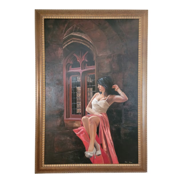 Original Signed Oil Portrait by Rebecca Hodges – Figurative Realism, Woman in Gothic Window For Sale