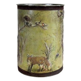 Vintage Decoupage Tin Wastebasket or Umbrella Stand For Sale