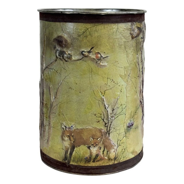 Vintage Decoupage Tin Wastebasket or Umbrella Stand For Sale