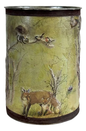 Vintage Forest Motif Tin Wastebasket or Umbrella Stand