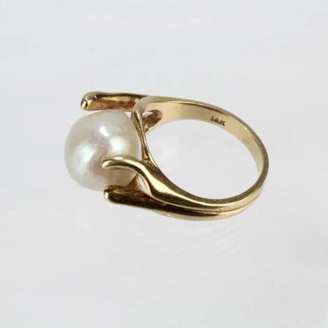 Mid 20th Century Vintage Modernist Gold and Baroque Pearl Cocktail Ring Size 6.25 For Sale - Image 5 of 9