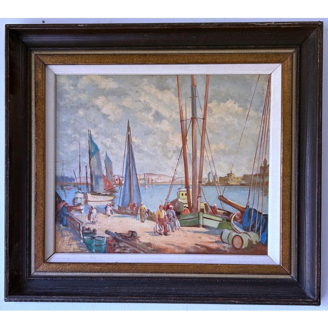 This early 20th-century oil painting on artist panel captures a vibrant Brenton harbor scene, inspired by William Lee-...