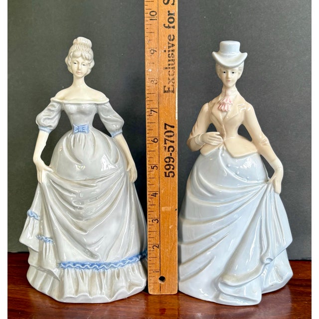 Ceramic Pair of Vintage Victorian Lady Porcelain Figurines in Blue Gowns, 9.5” Tall For Sale - Image 7 of 8