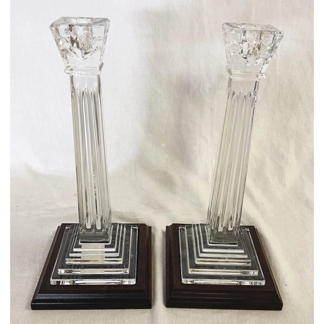 Wood Waterford Crystal Candlesticks on Wood Plinths- a Pair For Sale - Image 7 of 13