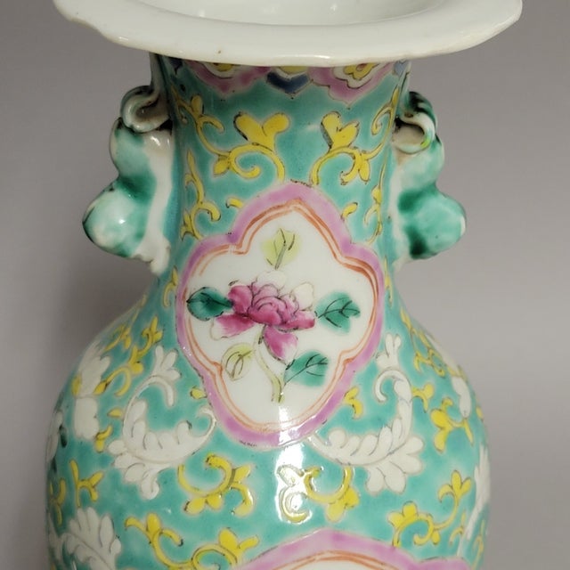 Ceramic Pair of Chinese Famille Rose Porcelain Vases With Peony Medallions, Circa 1900 For Sale - Image 7 of 10