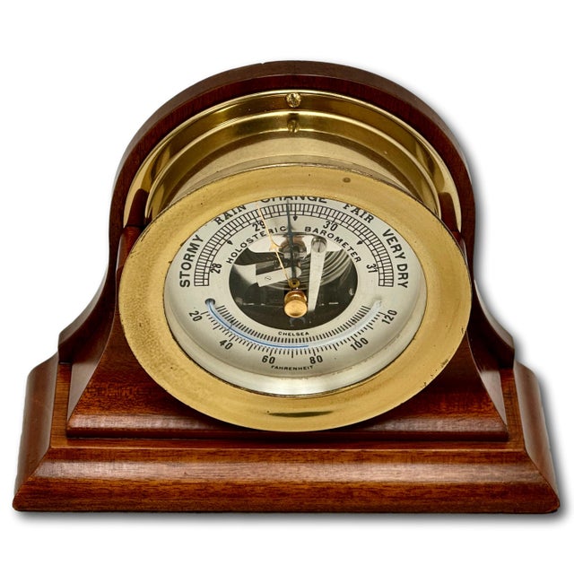 American Fine Vintage Mid 20th Century Brass & Mahogany Ships Barometer & Thermometer by Esteemed Boston Maker "Chelsea" For Sale - Image 3 of 18