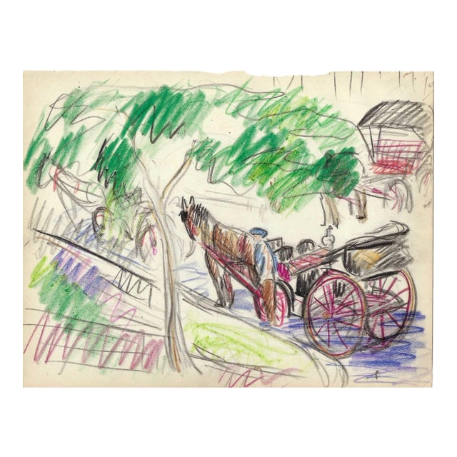 1940s Grace Spongberg Horse and Carts, Quebec Canada Drawing For Sale