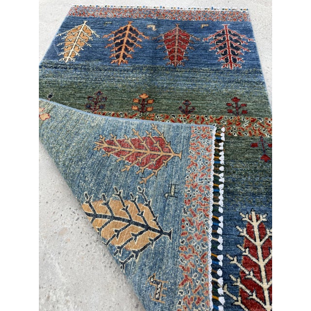 Gabbeh Tribal Area Rug, Hand-Knotted Wool, Trees, 3x5, Blue & Green For Sale - Image 10 of 10