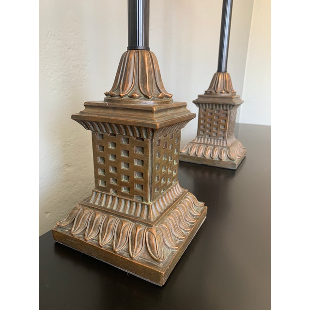 Late 20th Century Large Palm Buffet Lamps With Brass Accents and Black Shades, Pair For Sale - Image 11 of 13