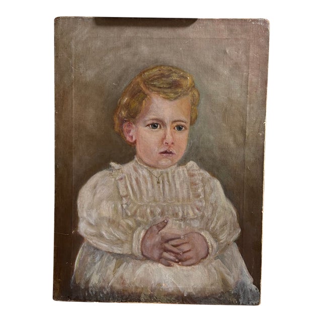 Antique Folk Art Oil Portrait of a Child, Circa 1890–1910 For Sale