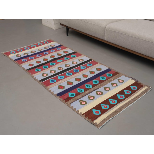 1970s Vintage Handmade Wool Cotton Red Blue Runner Rug For Sale - Image 10 of 11