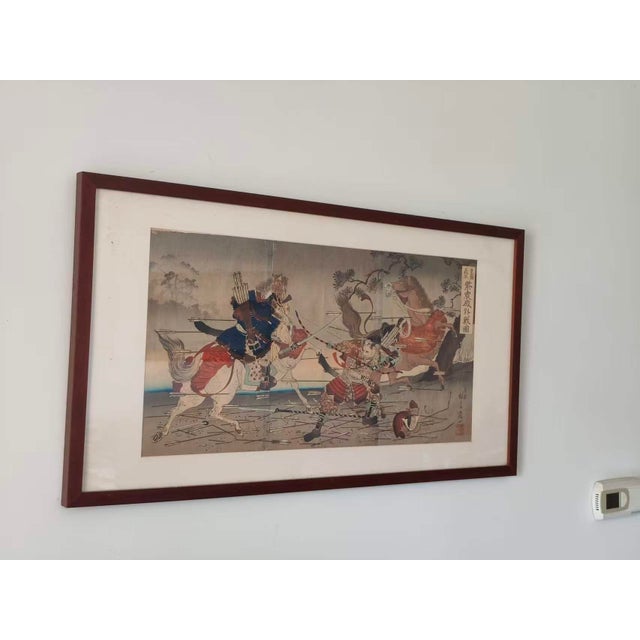 Red Antique Meiji Ukiyo-E Triptych: Samurai Battle at Shishinden by Nobukazu (1892) For Sale - Image 8 of 8