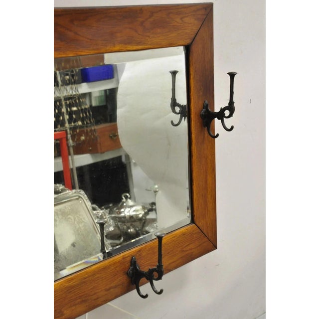 Mission Antique Arts & Crafts Mission Oak Wood Beveled Glass Hall Mirror Iron Coat Hooks For Sale - Image 3 of 12