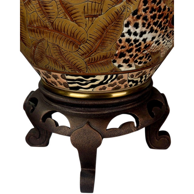 Burnt Umber Vintage Oriental Accent Jungle Ginger Jar Table Lamps, Tiger Zebra Leopard — A Pair For Sale - Image 8 of 12