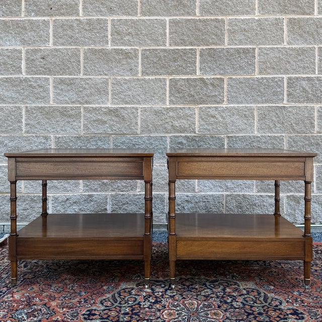 Vintage Hekman Traditional Regency Walnut 2 Drawer Tiered Cane Cut Side Tables - A Pair For Sale - Image 12 of 15