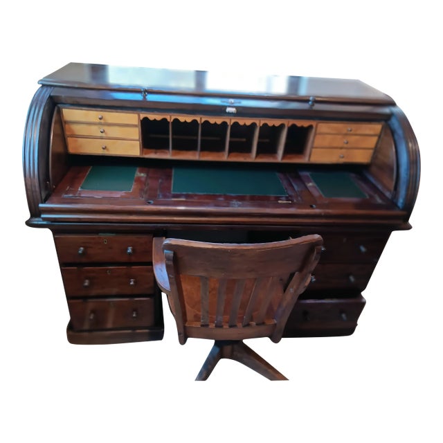 Antique Mahogany Cylinder Top Pedestal Desk - Set of 2 For Sale