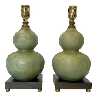 Vintage Visual Comfort Double Gourd Lamps With Matte Green Glaze on Wood Plinths- a Pair For Sale