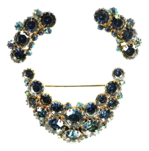 Vintage Sapphire Bicolor Crystal Brooch Set 1950s, 3 Pieces